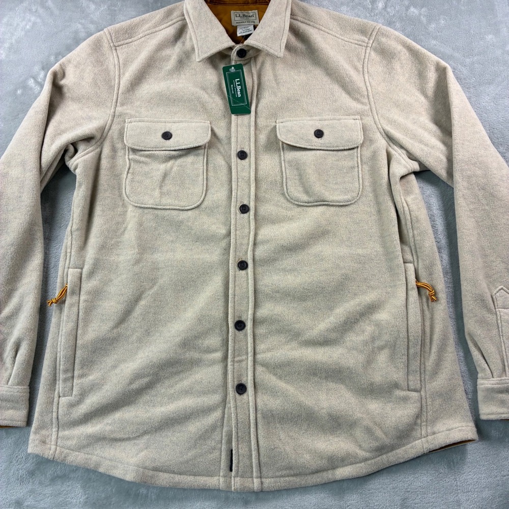 LL Bean Mariner Fleece Shirt Jacket Mens Medium Oatmeal Heather 523718 Western